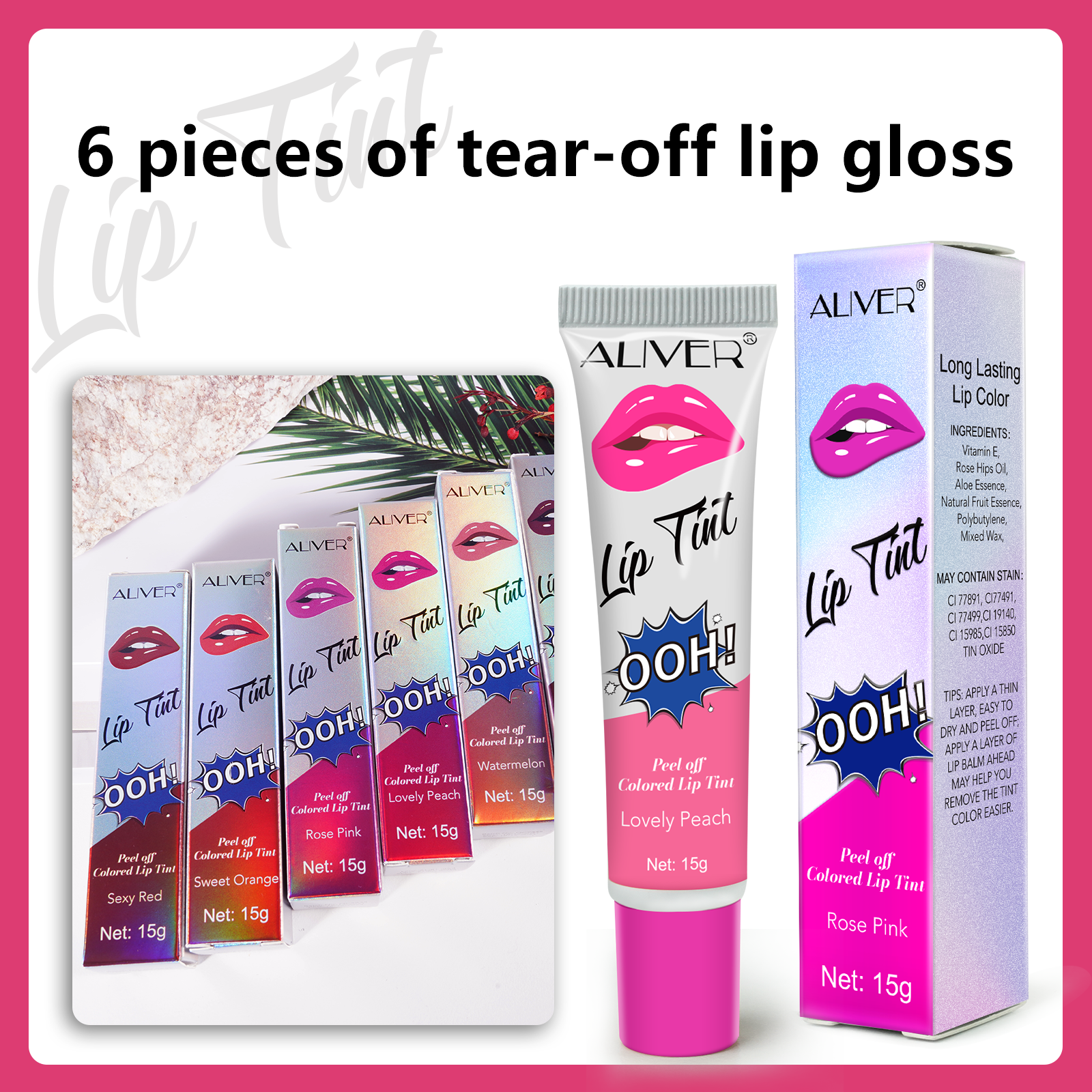 Aliver Peel Off Lipstick, Lip Tint, Lightweight, Soft, Moisturizing Lip Stain (6 color)
