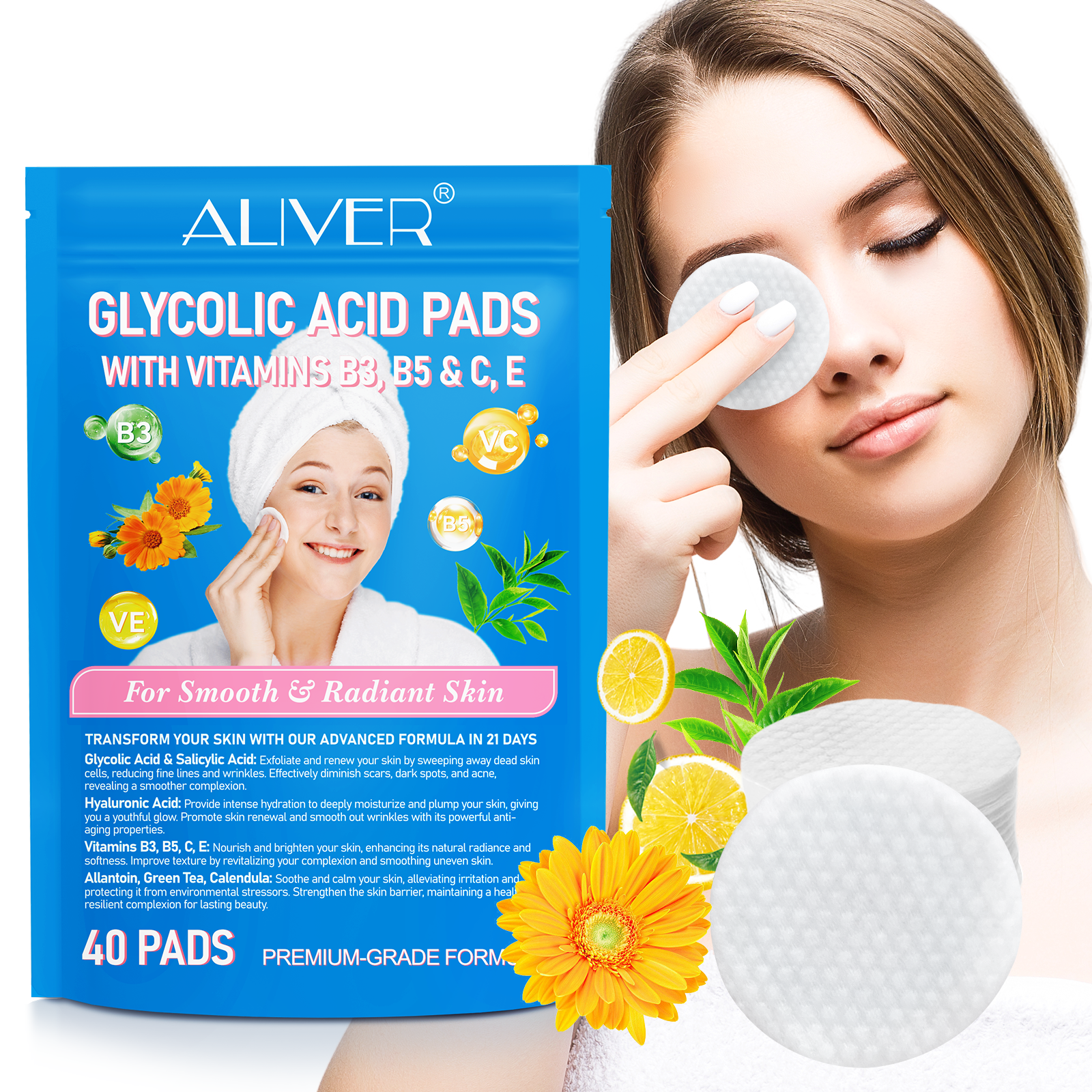 Aliver GLYCOLIC ACID PADSWITH VITAMINS B3,B5 & C, E 40p