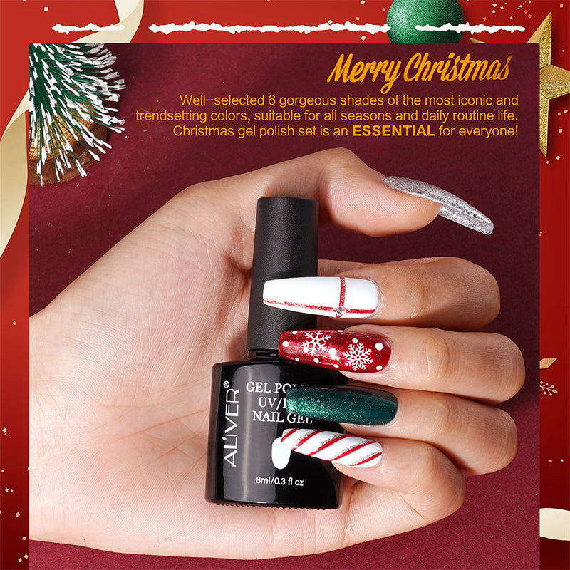 Aliver gel nail polish set, Merry Christmas with top and base coat - 6 Colors