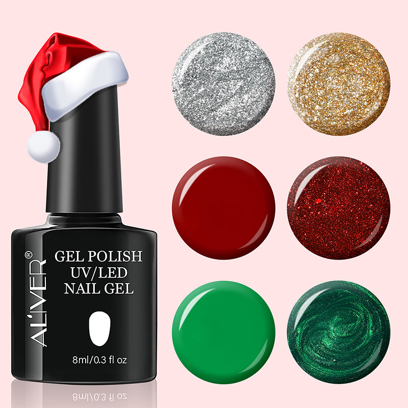 Aliver gel nail polish set, Merry Christmas with top and base coat - 6 Colors