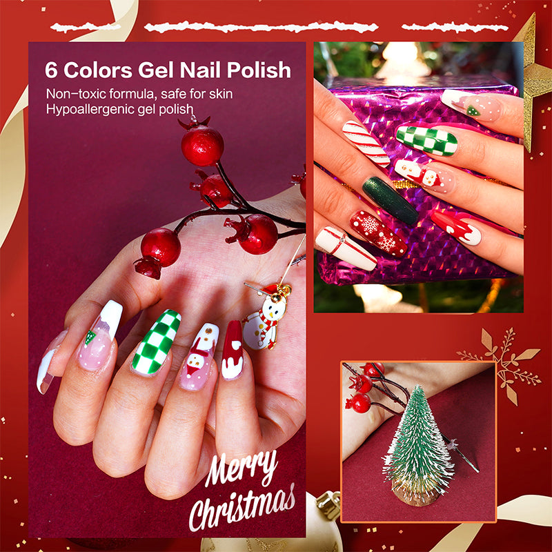 Aliver gel nail polish set, Merry Christmas with top and base coat - 6 Colors
