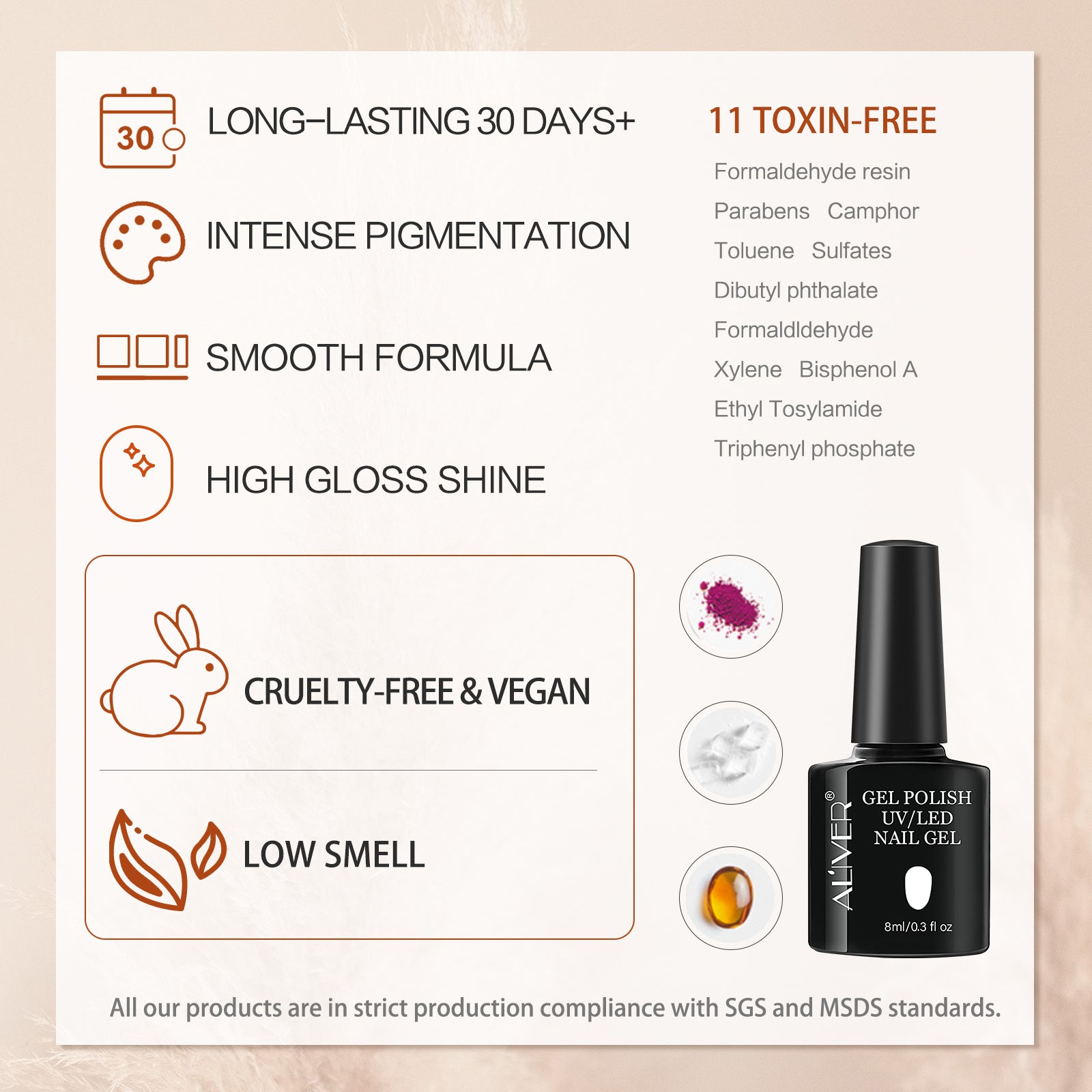 Aliver gel nail polish set, Warm Wood with top and base coat - 6 Colors