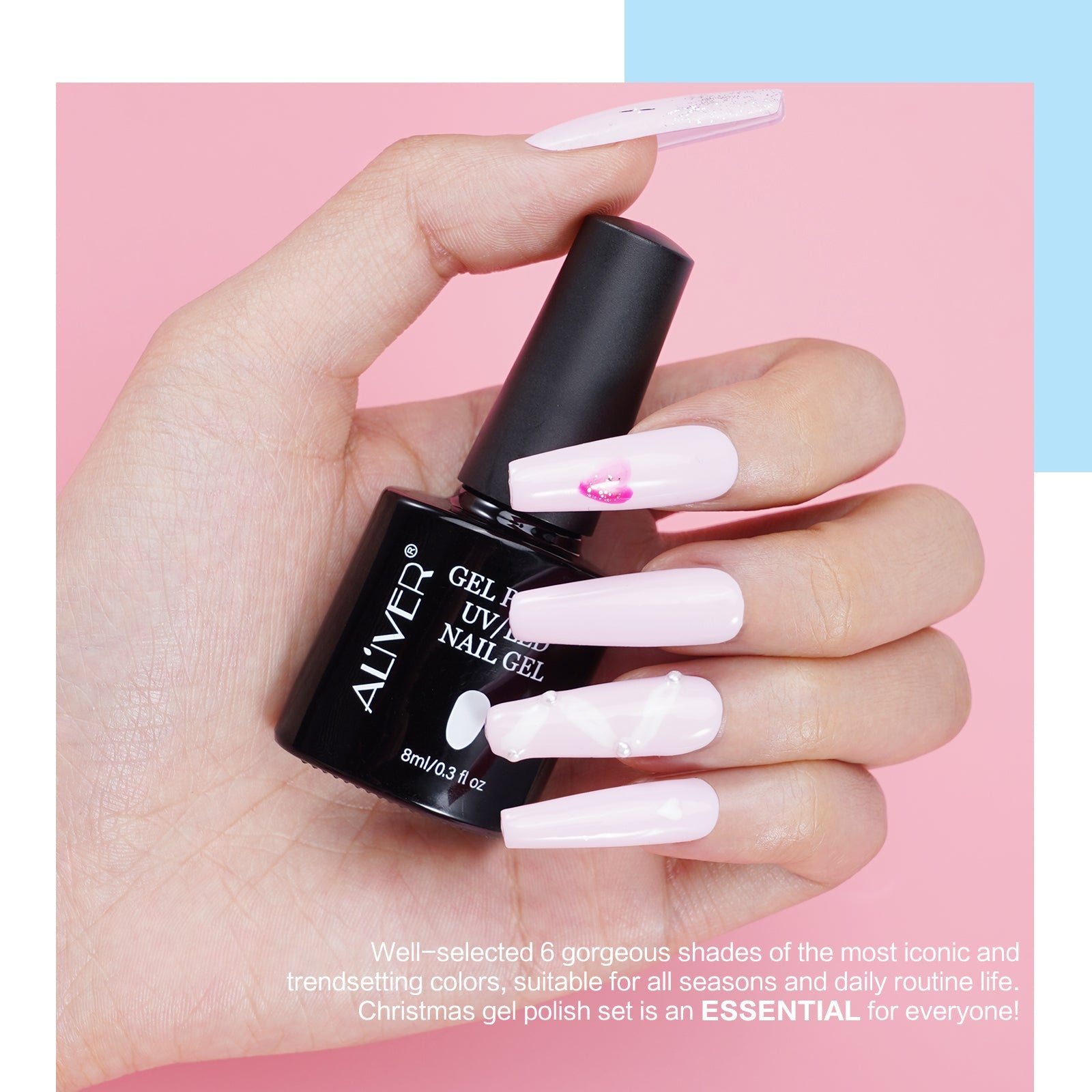 Aliver gel nail polish set, Pink Steam with top and base coat - 6 Colors