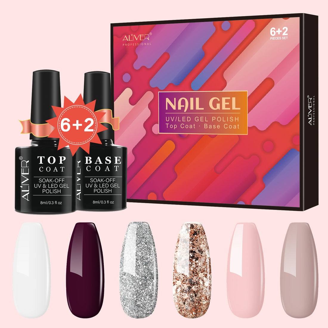 Aliver gel nail polish set, Warm Wood with top and base coat - 6 Colors