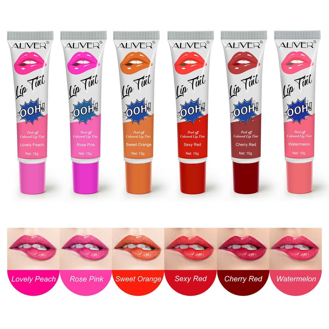 Aliver Peel Off Lipstick, Lip Tint, Lightweight, Soft, Moisturizing Lip Stain (6 color)
