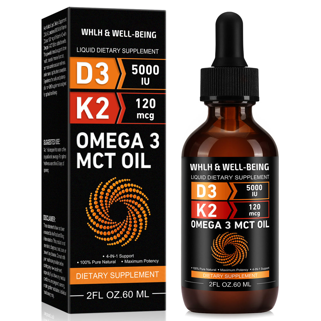 WHLH &amp; WELL-BEING LIQUID DIETARY SUOOLEMENT,D3 5000IU,K2 120mcg，OMEGA 3 MCT OIL