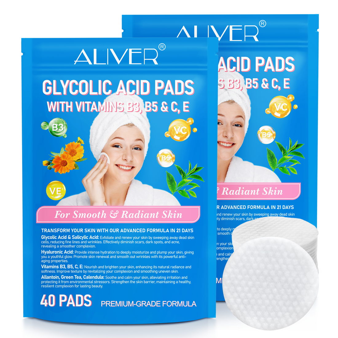 Aliver GLYCOLIC ACID PADSWITH VITAMINS B3,B5 & C, E 40p