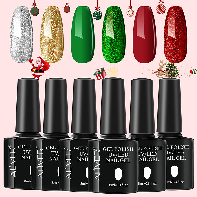 Aliver gel nail polish set, Merry Christmas with top and base coat - 6 Colors