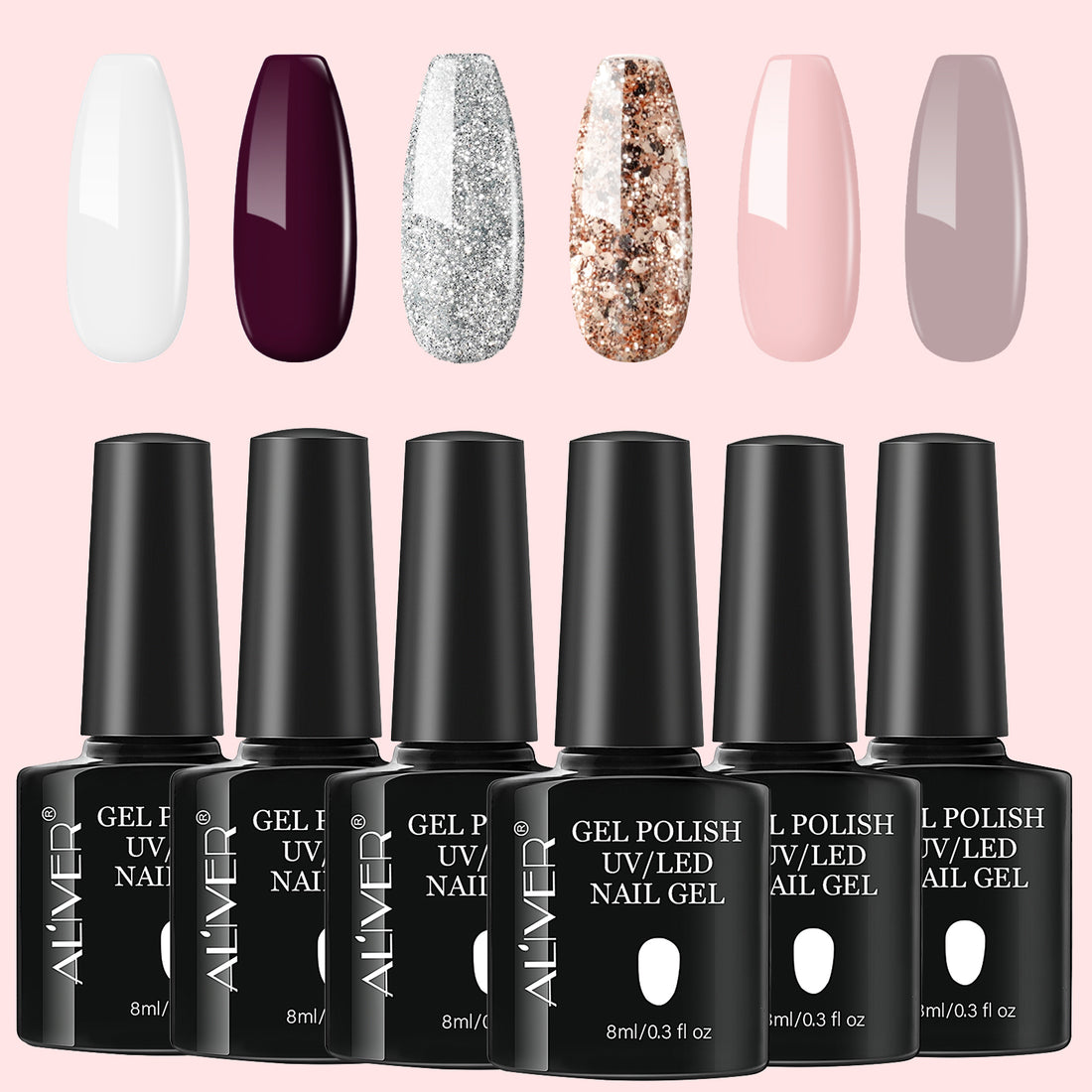 Aliver gel nail polish set, Warm Wood with top and base coat - 6 Colors