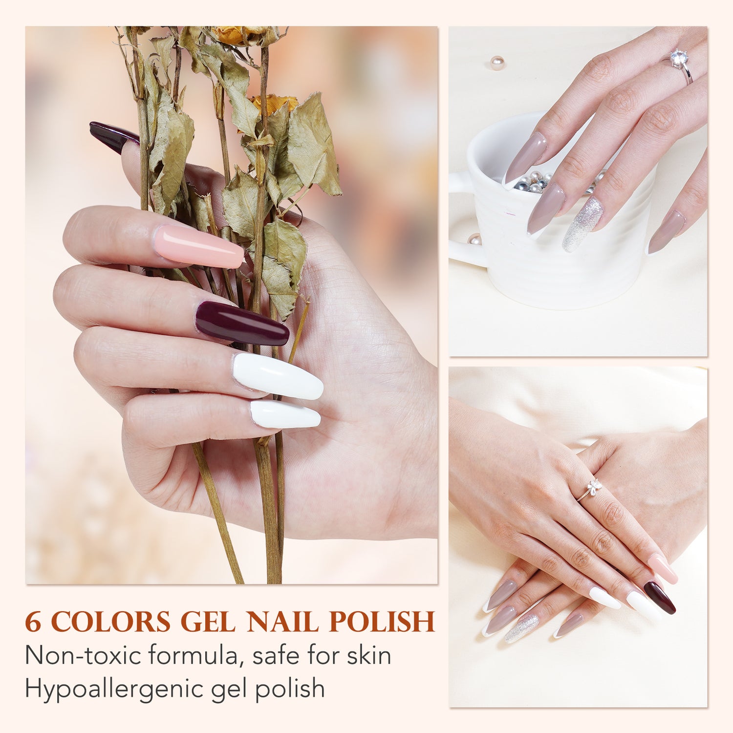 Aliver gel nail polish set, Warm Wood  with top and base coat - 6 Colors