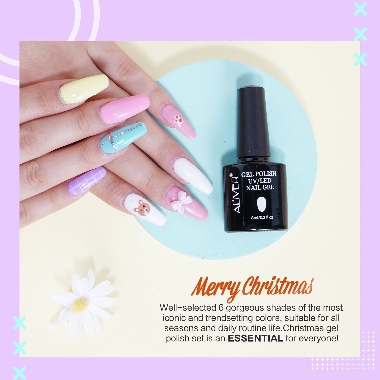 Aliver gel nail polish set, Candy Dream with top and base coat - 6 Colors